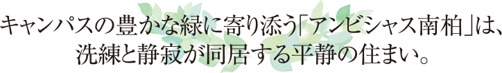 キャンパスの豊かな緑に寄り添う「アンビシャス南柏」は、洗練と静寂が同居する平静の住まい。