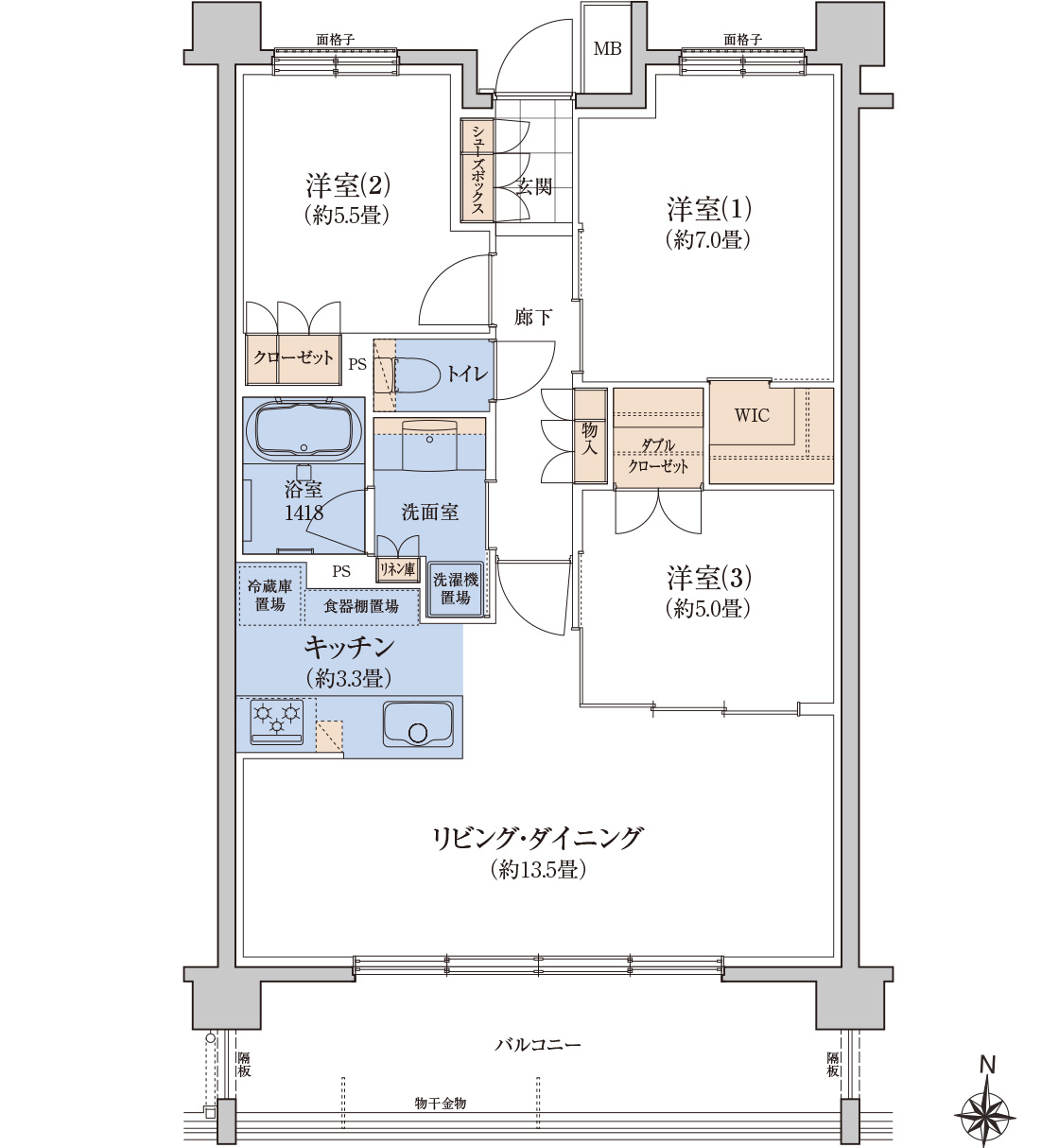 70㎡超3LDK中心プラン